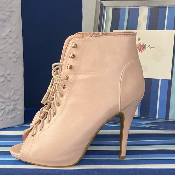 Light pink lace up peep toe ankle high heel zipper booties size 10 - Picture 4 of 14